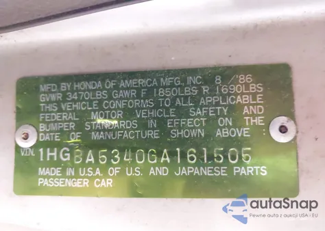 1986 Honda Accord Lxi из США, поврежденный, VIN 1HGBA5340GA161505